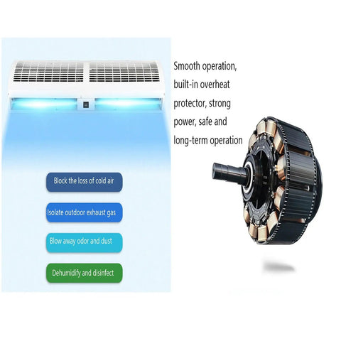 Rock Solid Silent Commercial Air Curtain For Storefront Entry Wall Mounted Heavy Duty showing motor component and airflow features.