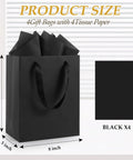 Black Gift Bags With Handles And Tissue Paper Set, 8 By 5 By 10 Inches, 4 Pack shown with dimensions and black tissue paper