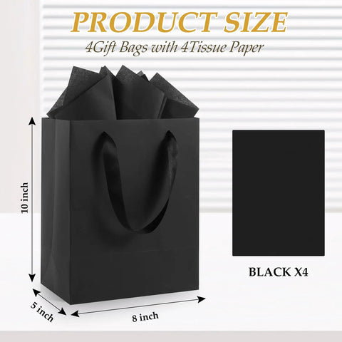 Black Gift Bags With Handles And Tissue Paper Set, 8 By 5 By 10 Inches, 4 Pack shown with dimensions and black tissue paper