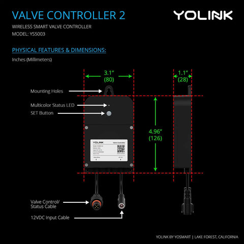 Diagram of wireless smart valve controller with dimensions for Brass 1 Inch Motorized Valve Kit With Two Wireless Controllers LoRa Long Range D2D Offline Operation