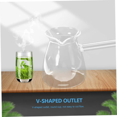 Side Handle Turkish Cezve Coffee Pot With Clear Glass Butter Pan High Borosilicate Heat Resistant Up To 100 Celsius V Shaped Outlet Coffee Warmer Decaf Friendly Arabic Turkish Brew Kit With Espresso Cups, showing clear glass design and V-shaped outlet.