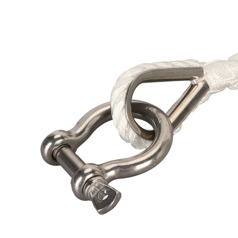 Close-up of 75ft Double Braid Nylon Boat Dock Line With Stainless Steel Thimble For Mooring And Towing Beefy 1565 Lbs Breaking Strength