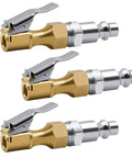Beefy Brass Air Chuck Set Of 3 For Schrader Valves, Closed Flow Design with one quarter inch FNPT threads, heavy duty build