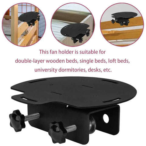 Adjustable Bunk Bed Fan Holder With Heavy Duty Clamp Bracket For Dorm Rooms, black metal mount for fans, clamps to bed frames.