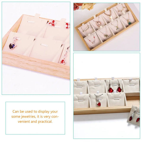 Retro Wooden Jewelry Organizer Tray With Eight Grids To Keep Your Bling Slick And Prevent Tangles While Displaying Necklaces And Earrings On Any Desk Surface, showing earrings in beige segments.