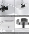 Close-up of Three Light Modern Semi Flush Mount Ceiling Light with fabric shade, E26 socket, and silver metal base details.