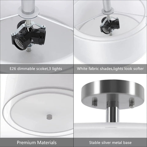Close-up of Three Light Modern Semi Flush Mount Ceiling Light with fabric shade, E26 socket, and silver metal base details.