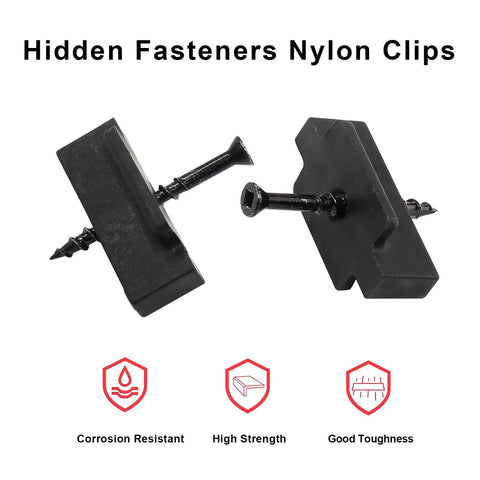 Kickass Hidden Deck Fastener Clips 50 Pack For Composite And Pressure Treated Wood Includes Rust Proof Screws, showing black nylon clips.