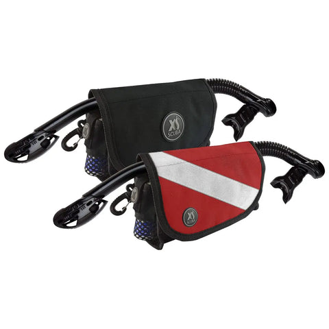 Two Protective Mask Wraps For Scuba Diving With Dive Flag, Plush Interior Padding, Easy Top-Opening Access With Hook-And-Loop shown at angle