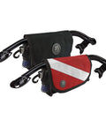 Protective Mask Wrap For Scuba Gear With Plush Interior And Easy Top Opening Hook And Loop Straps in black and red designs