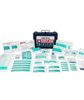 Front view of blue metal first aid kit case with 200-piece medical supplies for job sites, wall-mountable and portable.
