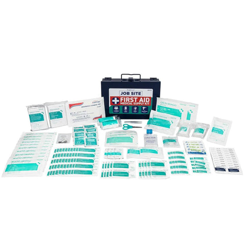 Front view of blue metal first aid kit case with 200-piece medical supplies for job sites, wall-mountable and portable.