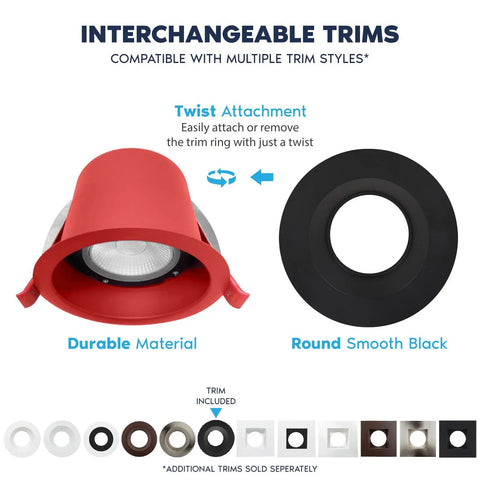 Close-up of Slick No Sweat 6 Pack 4 Inch Led Recessed Lighting built junction box with interchangeable red and black trims.