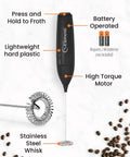 Kickass Barista Grade Milk Frother Wand Handheld Drink Mixer with stainless steel whisk, battery-operated, lightweight design.