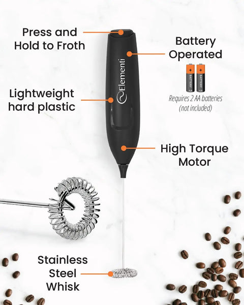 Kickass Barista Grade Milk Frother Wand Handheld Drink Mixer with stainless steel whisk, battery-operated, lightweight design.