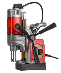 Heavy Duty Magnetic Drill Press With Variable Speed Control For Steel Metal Cutting And Fabrication side view with handles.