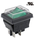 DPST Rocker Switch With Waterproof Cover, On Off 4 Pin, Green LED, Beefy Snap In Power Switch For Cars, Boats, And Home Gear, Weather Ready, UL Recognized VDE Certified, 2 Pack; 4-pin black rocker switch with clear cover