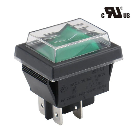 DPST Rocker Switch With Waterproof Cover, On Off 4 Pin, Green LED, Beefy Snap In Power Switch For Cars, Boats, And Home Gear, Weather Ready, UL Recognized VDE Certified, 2 Pack; 4-pin black rocker switch with clear cover