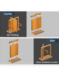 Installation guide of Heavy Duty Pivot Door Hinge Set, showing 360 Degree Rotation and adjustable gap, for secret doors and bookshelf doors.
