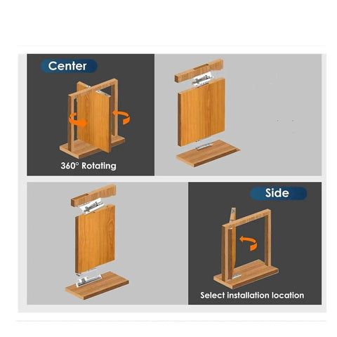 Installation guide of Heavy Duty Pivot Door Hinge Set, showing 360 Degree Rotation and adjustable gap, for secret doors and bookshelf doors.