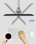 Heavy Duty Quad Monitor Desk Stand Mount For 15 To 27 Inch Screens With Smooth Height And Tilt Adjustments showing ±90° rotation and keyboard.