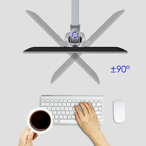 Heavy Duty Quad Monitor Desk Stand Mount For 15 To 27 Inch Screens With Smooth Height And Tilt Adjustments showing ±90° rotation and keyboard.
