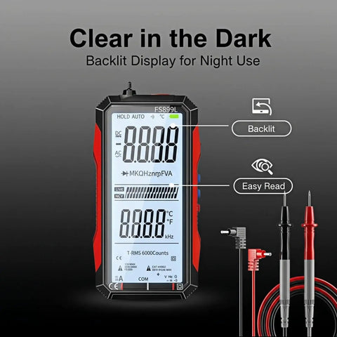 USB Rechargeable Digital Multimeter With True RMS And 6000 Counts, Color LCD Screen with backlit display for night use.