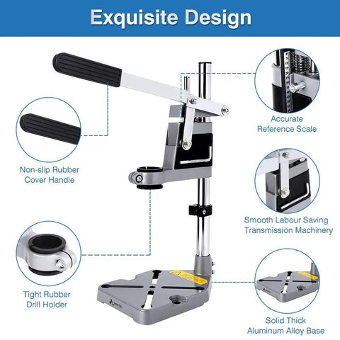 Universal Drill Press Stand For Hand Drills Adjustable Benchtop Clamp Mount Beefy Heavy Duty Aluminum Base Table Workbench Holder Stable Bench Drill Press With Anti Slip Mat For Precise Drilling, showing aluminum stand, handle, and scale.