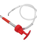 The Ultimate Portable Oil Hand Pump For 5 Gallon Drums with red handle and clear hose for fluid extraction.