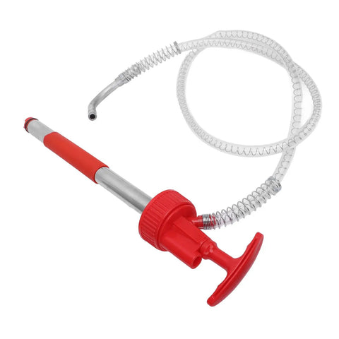 The Ultimate Portable Oil Hand Pump For 5 Gallon Drums with red handle and clear hose for fluid extraction.