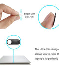 Close-up of super slim 0.027 in Webcam Privacy Slide Shield for laptop use, showcasing its thin design and easy application.