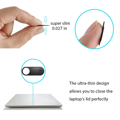 Close-up of super slim 0.027 in Webcam Privacy Slide Shield for laptop use, showcasing its thin design and easy application.
