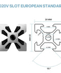 Cross-sectional diagram of V Slot 2020 Aluminum Extrusion 800mm Length European Standard Anodized Black Finish Linear Rail