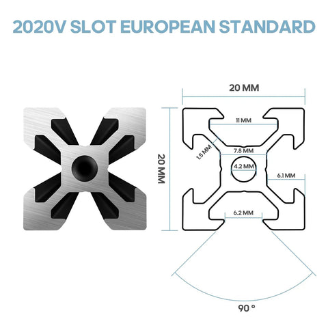 Cross-sectional diagram of V Slot 2020 Aluminum Extrusion 800mm Length European Standard Anodized Black Finish Linear Rail