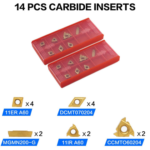 Lathe turning tool kit with 14 carbide inserts in red plastic organizers; two cases visible.