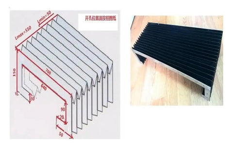 Heavy Workhorse Machine Dust Bellow Cover For Industrial Guide Rails with PVC shield, showing dimensions and installation details.