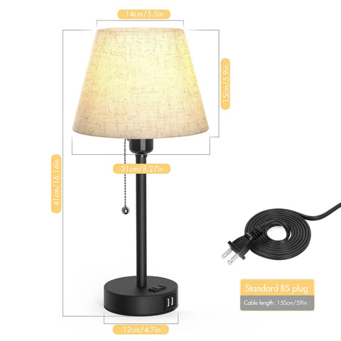 Bedside Table Lamps Set Of 2 With Dual USB Ports And Built In AC Outlet For Easy Nightstand Charging Fabric Shade Dope Modern Night Lights For Bedroom Living Room Or Office Bulb Not Included featuring beige fabric shade and pull-chain.