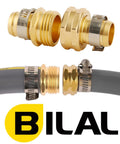 Brass Garden Hose Repair Kit With Clamps For Three Quarter Inch Hoses showing barbed adapters and connectors on hose.