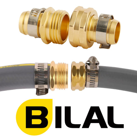 Brass Garden Hose Repair Kit With Clamps For Three Quarter Inch Hoses showing barbed adapters and connectors on hose.