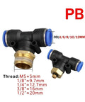 Pneumatic Air Connector Fittings Set For 10mm 12mm 14mm 16mm Hose With M5 Thread Quick Connects One Half And Three Quarters Inch Options Two Way And Single Way Pipe Fittings, black plastic and brass T fitting with blue push-in ends
