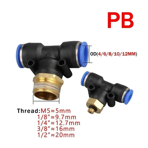 Pneumatic Air Connector Fittings 10mm 12mm 14mm 16mm With M5 Thread Three Quarter Inch One And Two Way Hose Pipe Connectors For Quick Attach Plug And Play And Leak Free Air Tool Setup, black plastic and brass T connector for 10-12mm hose