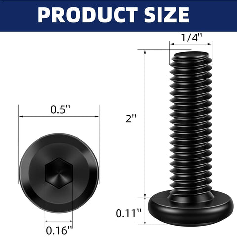 Diagram showing 1/4-20 X 2 Inch Flat Head Socket Cap Screws for Furniture, Countersunk Connectors, Stainless Steel 18-8 304, Black Oxide Finish.