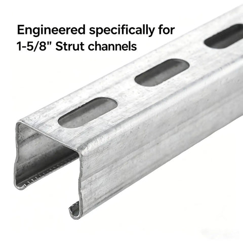 Heavy Duty Solar Panel Clamps Kit for One And Five Eighths Inch Strut Rails showing close-up of aluminum strut channel