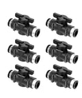 Six-pack of pneumatic ball valve push-to-connect fittings for quick air flow control PVC valve system, 5/16 inch OD, 8mm hose