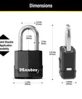 Heavy Duty Weatherproof Padlock Set Three Pack With Weather Cover dimensions showing the shackle and body sizes.