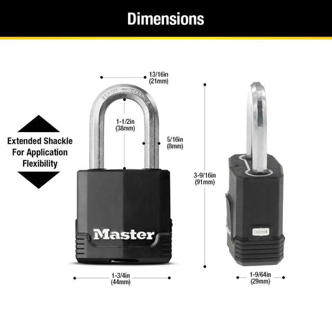 Heavy Duty Weatherproof Padlock Set Three Pack With Weather Cover dimensions showing the shackle and body sizes.