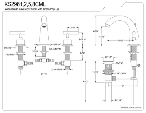 Technical diagram of Concord 8 Inch Widespread Lavatory Faucet With Brass Pop Up Drain Polished Brass Finish 1.2 GPM Flow