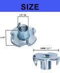 100 Pack 1 Quarter Inch 20 T Nuts Zinc Plated Steel Threaded Inserts Five Sixteenth Inch Barrel Length Four Prong Tee Nuts