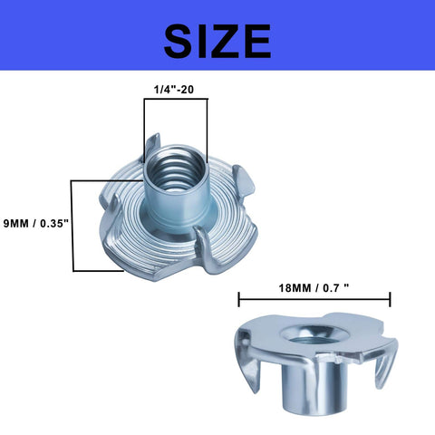 100 Pack 1 Quarter Inch 20 T Nuts Zinc Plated Steel Threaded Inserts Five Sixteenth Inch Barrel Length Four Prong Tee Nuts