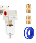 One Quarter Inch NPT Air Dryer For Compressor Pro Grade With Five Micron Brass Filter Element Poly Bowl Bracket And Semi Auto Drain High Flow 27 SCFM At 90 PSI Max Inlet 145 PSI Ideal For Clean Compressed Air Lines with fittings and tape